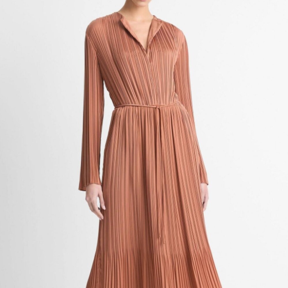 Vince Pleated Satin Long Sleeve Midi Dress Vintage Rose $565 NWT